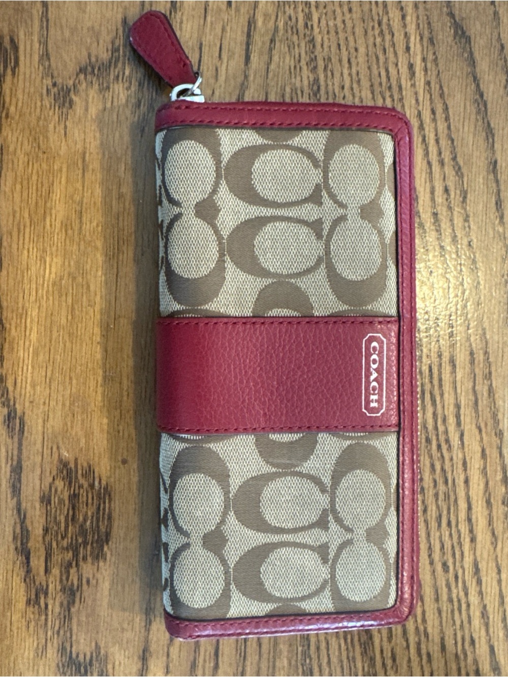Coach Signature Stripe Accordion Zip Wallet Khaki Beige Red Leather 7 3/4” Long